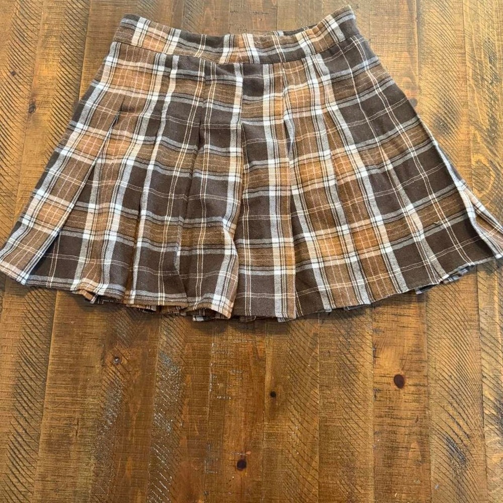 Mini Skirt Brown Beige White Pleated School Girl Women's Small